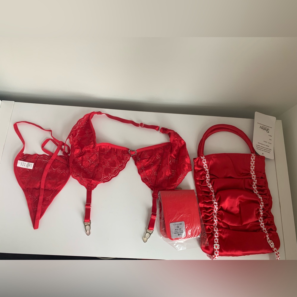Y2K Shirley Of Hollywood red Thong with garter belt